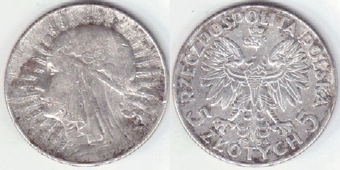 1934 Poland silver 5 Zlotye A003341